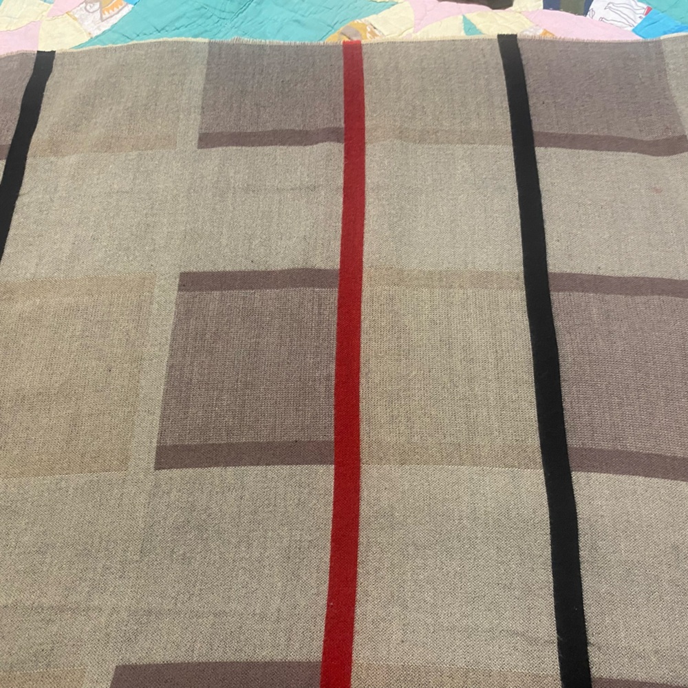 Women’s Beige Plaid Coat with Red & Black Stripe